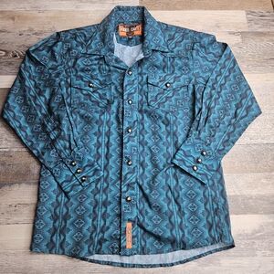 Rodeo Carte Youth Size 10 Teal Aztec Western Snap Front Shirt Long Sleeve